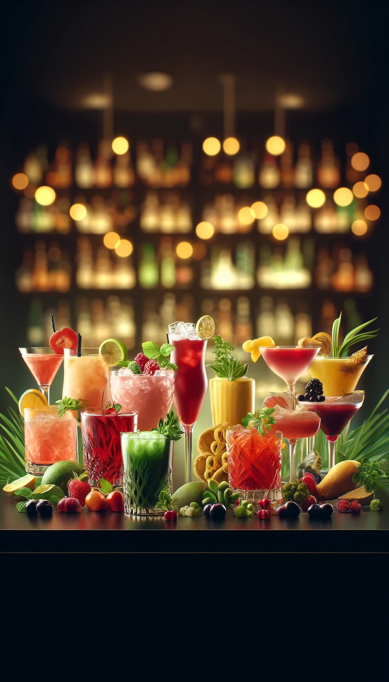 Eine Auswahl farbenfroher Cocktails, elegant arrangiert auf einer Bartheke, garniert mit frischen Früchten und Kräutern, vor einem Hintergrund mit weichen, verschwommenen Lichtern, die eine einladende Atmosphäre schaffen.