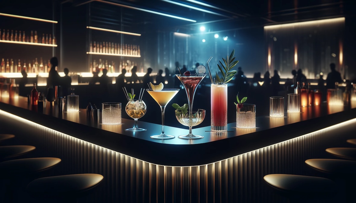 Eine luxuriöse Cocktailparty bei Nacht mit einer Vielzahl an eleganten Cocktails auf einer modernen Bartheke, unterstrichen durch subtile Beleuchtung, die ein schickes Ambiente schafft.