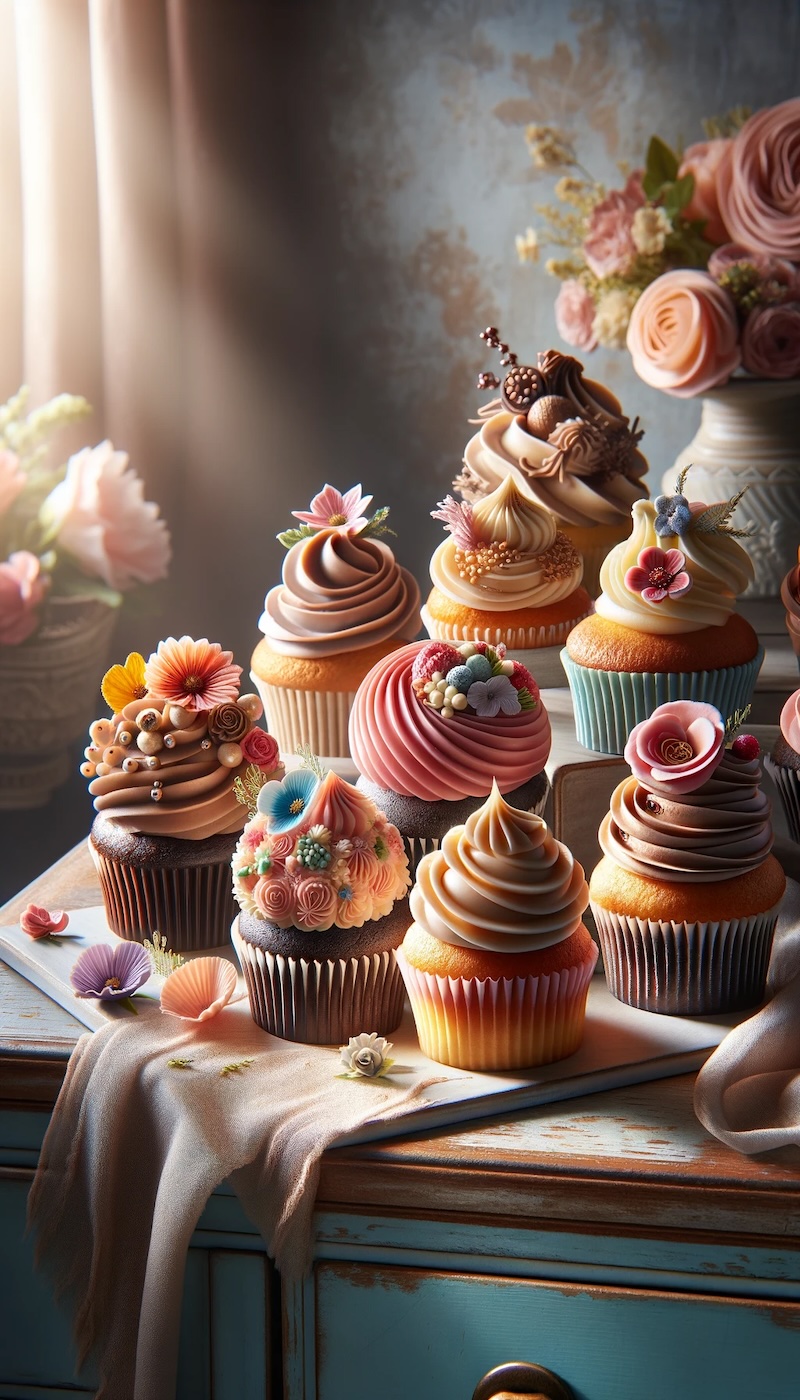 Ein Close-up von verschiedenen Gourmet-Cupcakes, elegant präsentiert mit farbenfrohem Frosting, einigen mit essbaren Blumen, anderen mit Streuseln oder zarten Zuckerguss-Spiralen. Die Atmosphäre ist warm und einladend, ideal für ein kulinarisches Blog oder ein Rezeptbuch.