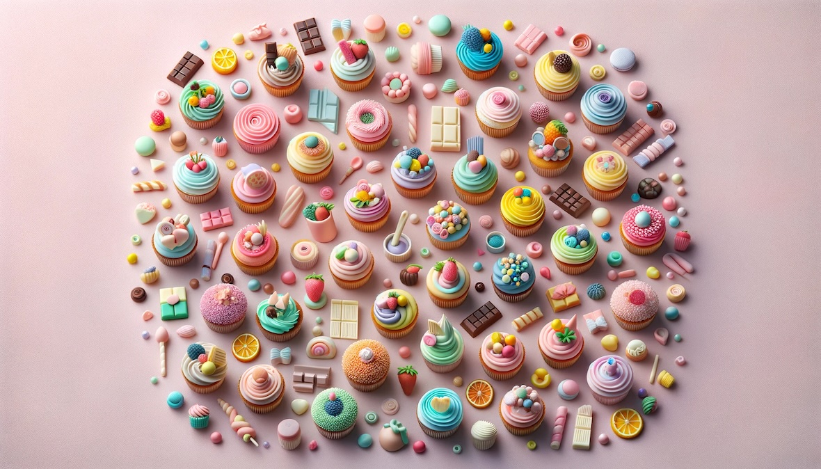 Ein verspieltes Bild von Mini-Cupcakes mit lebhaftem, pastellfarbenem Frosting und spielerischen Toppings auf einem pastellfarbenen Hintergrund, ideal für ein kulinarisches Blog oder Rezeptbuch.
