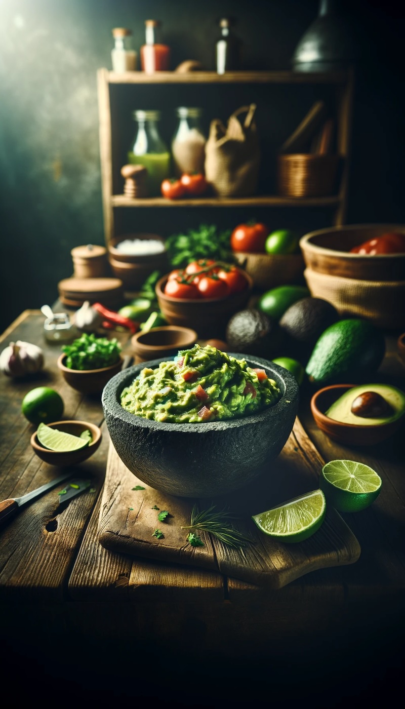 Frisch zubereitete Guacamole in einer rustikalen Küche, umgeben von ihren natürlichen Zutaten.