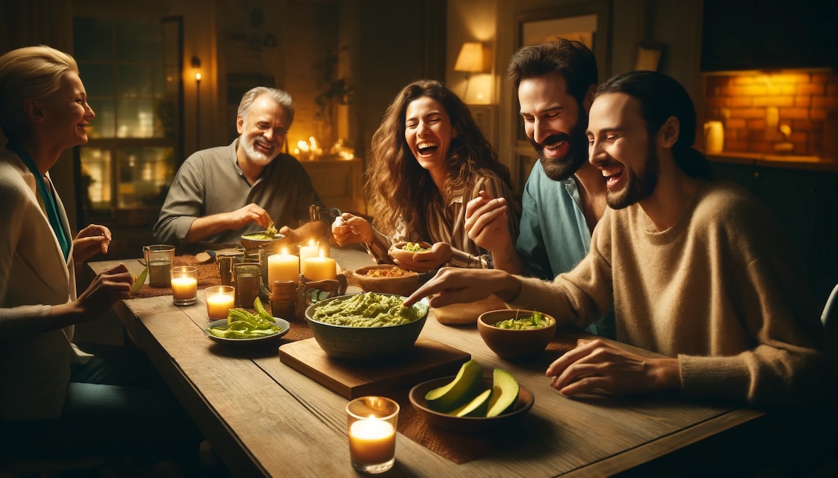Eine Gruppe von Freunden genießt Guacamole bei einem gemütlichen Abendessen.