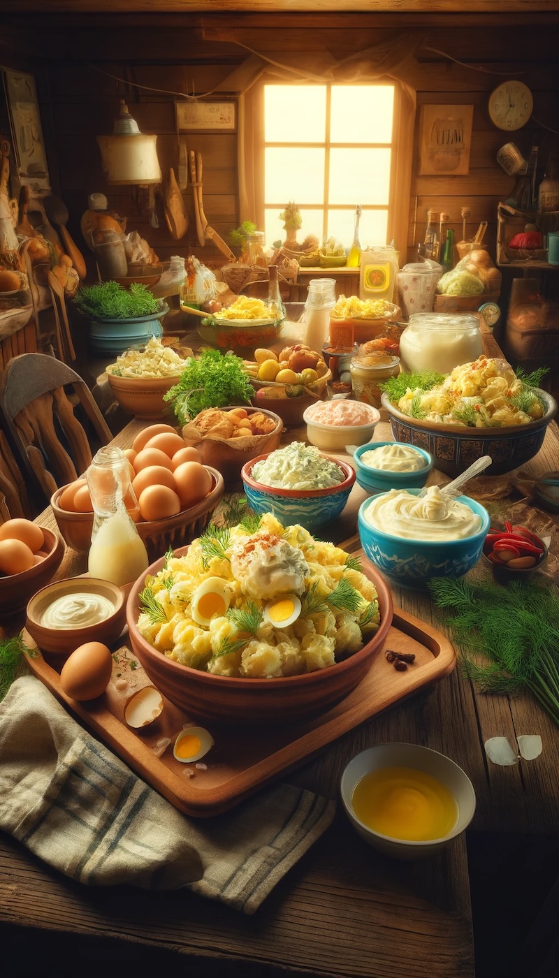 Eine traditionelle deutsche Küche mit einem großen Holztisch, bedeckt mit verschiedenen Arten von Kartoffelsalat.