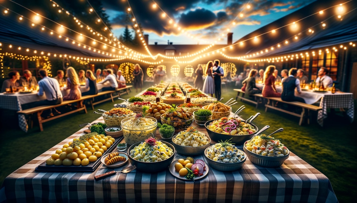 Eine festliche Szenerie eines deutschen Barbecues im Freien bei Dämmerung, mit einem langen Tisch voller unterschiedlicher Kartoffelsalate.