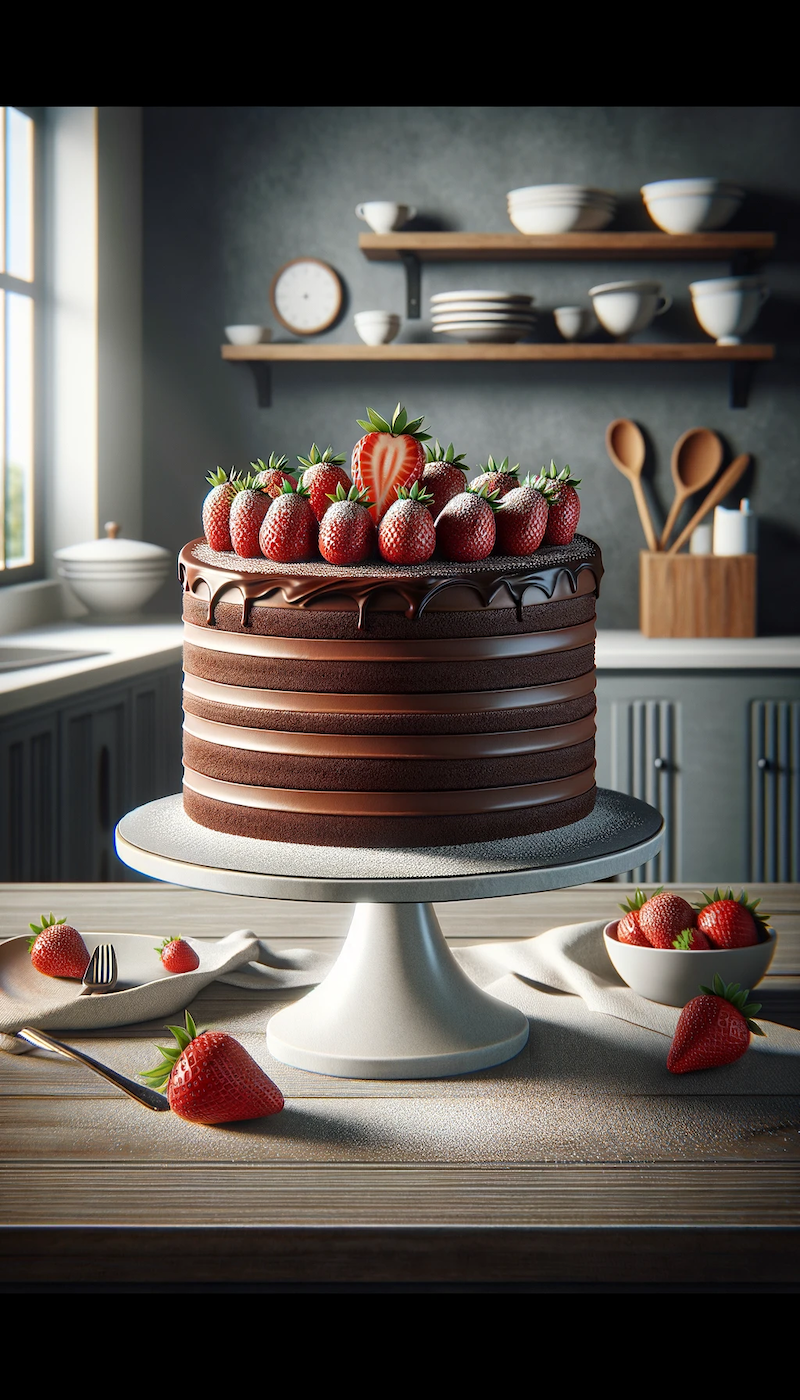 Ein hoch aufgeschichteter, eleganter Schokoladenkuchen mit mehreren Schichten, dekoriert mit frischen Erdbeeren und bestäubt mit Puderzucker, präsentiert in einer modernen Küche.