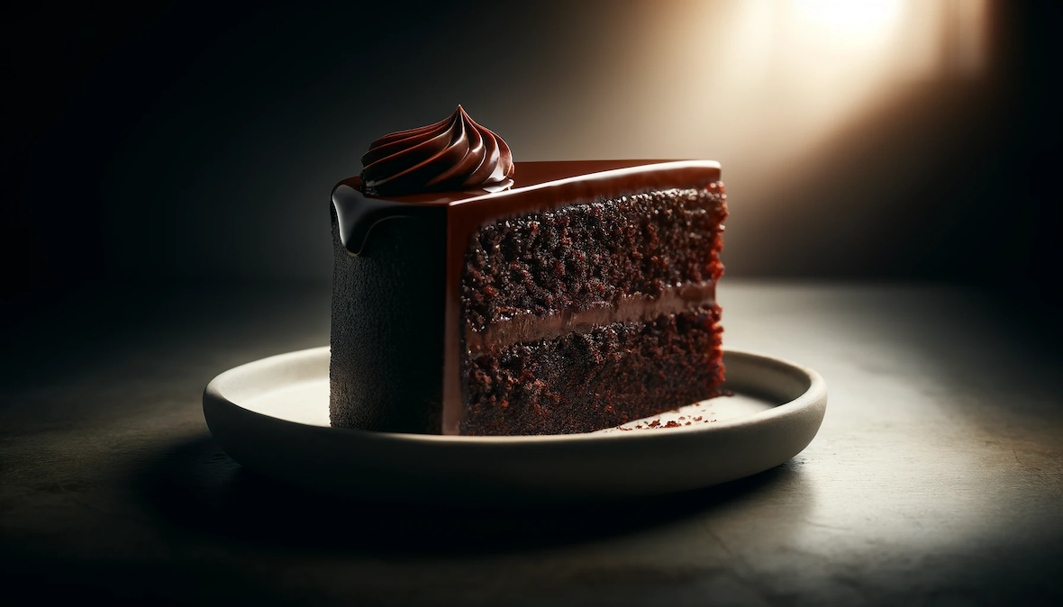 Nahaufnahme eines Stückes dunklen Schokoladenkuchens mit glänzendem Schokoladenganache, serviert auf einem schlichten, weißen Teller.