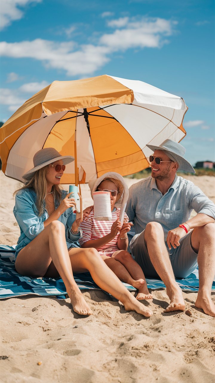 Ein Bild eines entspannten Strandausflugs einer Familie, die Sonnenschutzmethoden wie Sonnencreme, Hüte und Sonnenschirme verwendet.