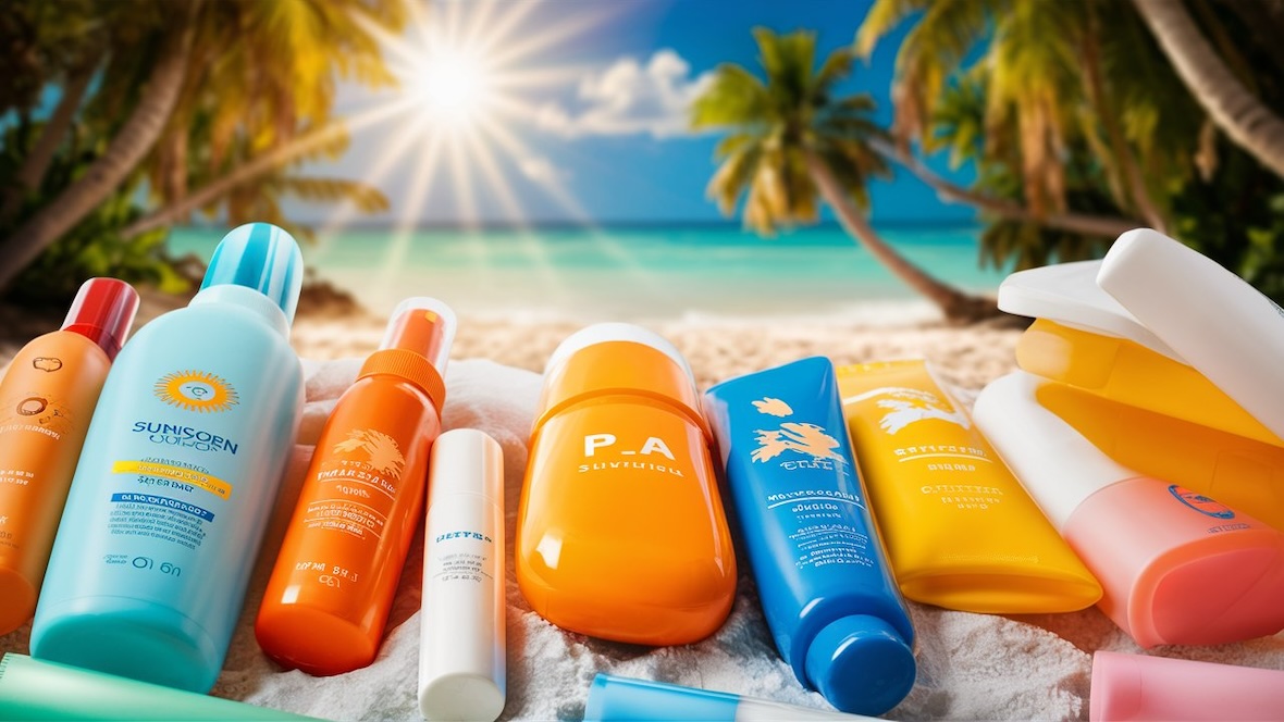 Nahaufnahme verschiedener Sonnenschutzprodukte wie Lotionen, Sprays und Stifte vor einer sonnigen, sandigen Strandkulisse.