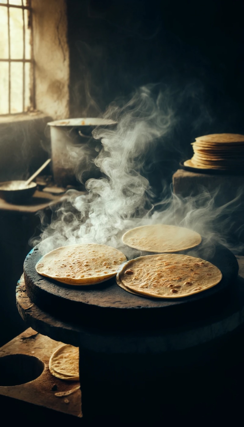 Frisch gebackene Tortillas auf einem traditionellen Comal, emotional und detailreich dargestellt.