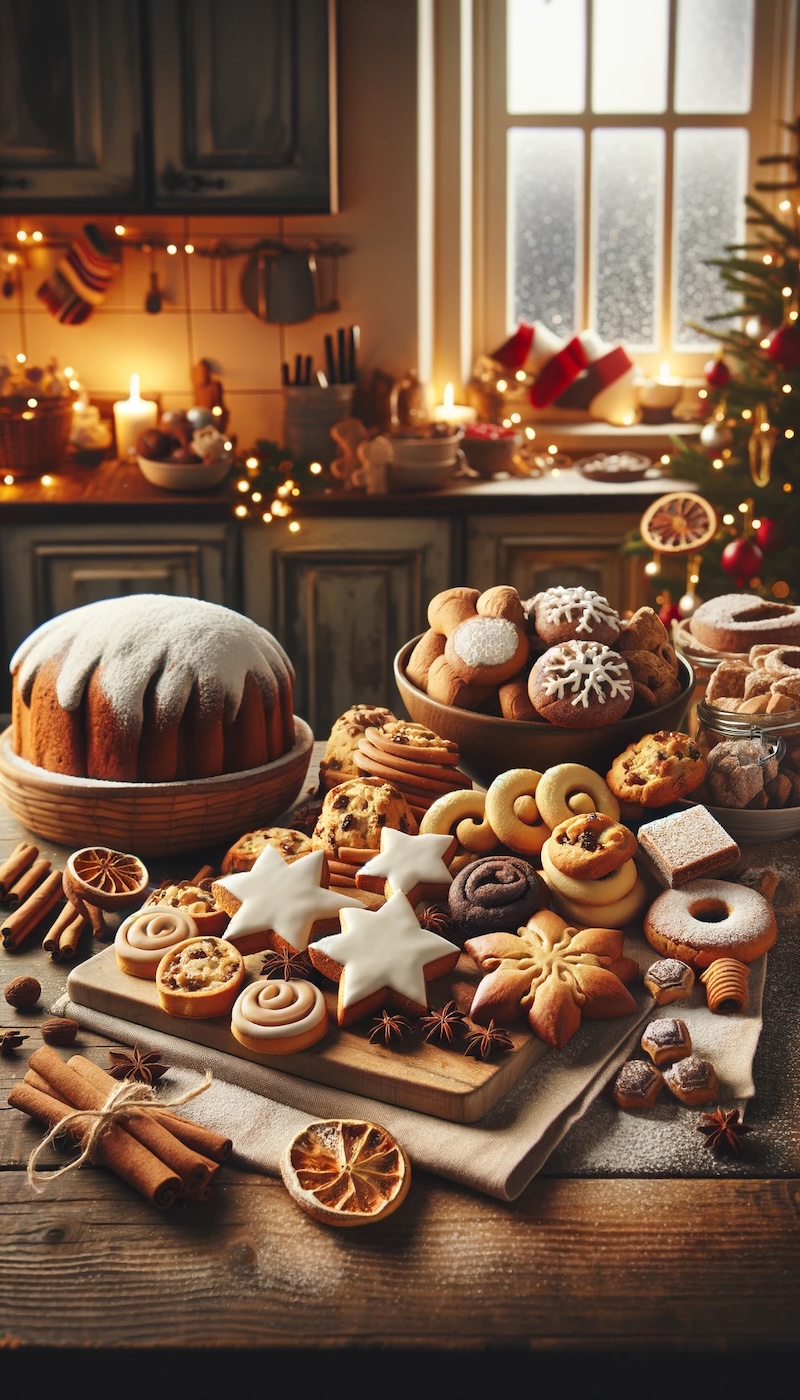 Ein gemütliches weihnachtliches Küchenszenario mit frisch gebackenen Weihnachtsplätzchen und Kuchen auf einem Holztisch, dekoriert und festlich beleuchtet.
