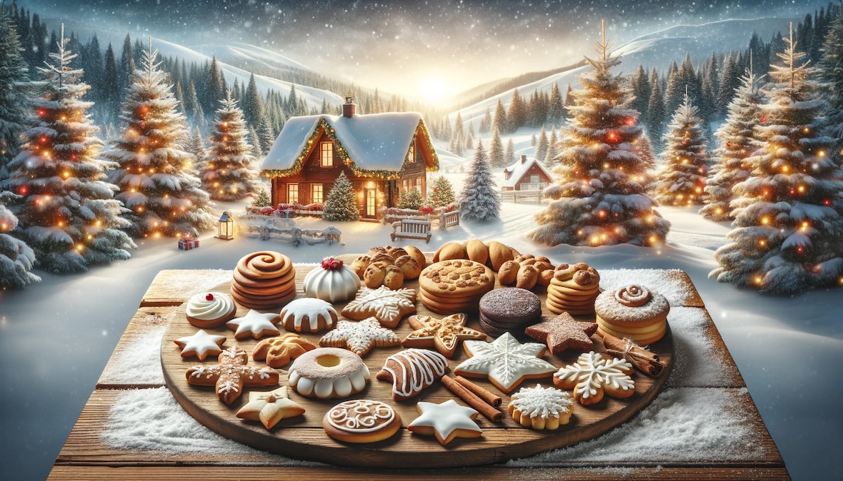 Panoramablick auf eine verschneite Landschaft mit einer Vielfalt an Weihnachtsgebäck auf einem Holztisch vor einer malerischen Winterkulisse.