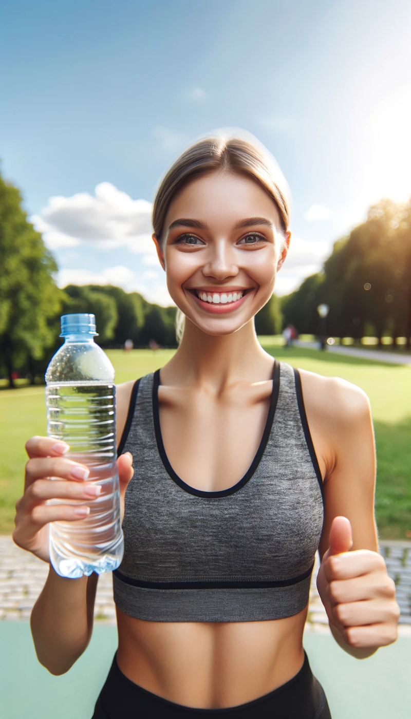 Das Bild zeigt einen fröhlichen Menschen in Sportkleidung, der nach einem erfolgreichen Workout draußen eine Trinkflasche hält. Im Hintergrund sieht man eine grüne Parklandschaft mit Bäumen und einem klaren blauen Himmel. Der Fokus liegt auf dem Gesichtsausdruck der Person, der Zufriedenheit und Erfolg ausstrahlt.