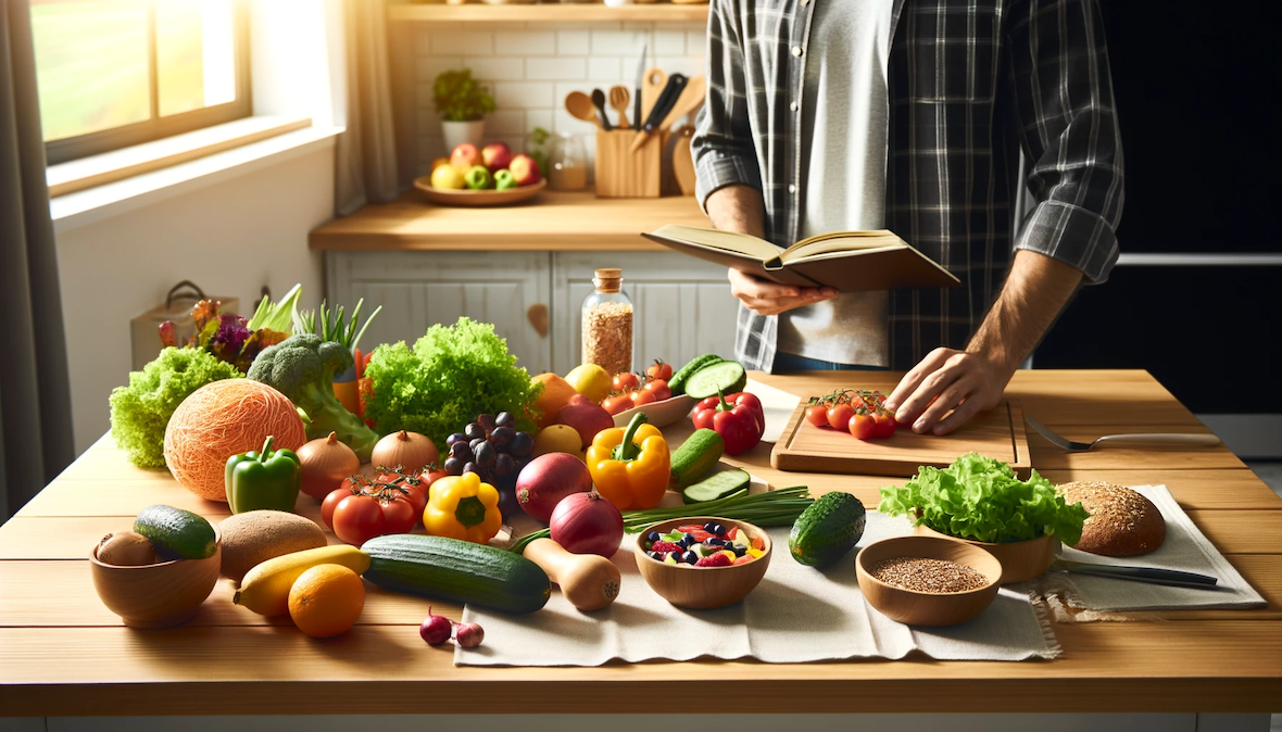 Eine Küchenszene, in der eine Person gerade eine gesunde Mahlzeit zubereitet. Auf der Arbeitsfläche befinden sich frisches Gemüse, Obst und Vollkornprodukte. Die Szene ist hell beleuchtet, was eine positive und gesunde Atmosphäre schafft. Im Hintergrund sind Küchenutensilien und ein offenes Kochbuch zu sehen.