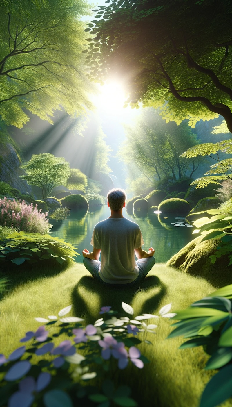 Eine Person sitzt in meditativer Haltung in einer grünen, sonnendurchfluteten Landschaft, symbolisiert Ruhe und inneren Frieden.