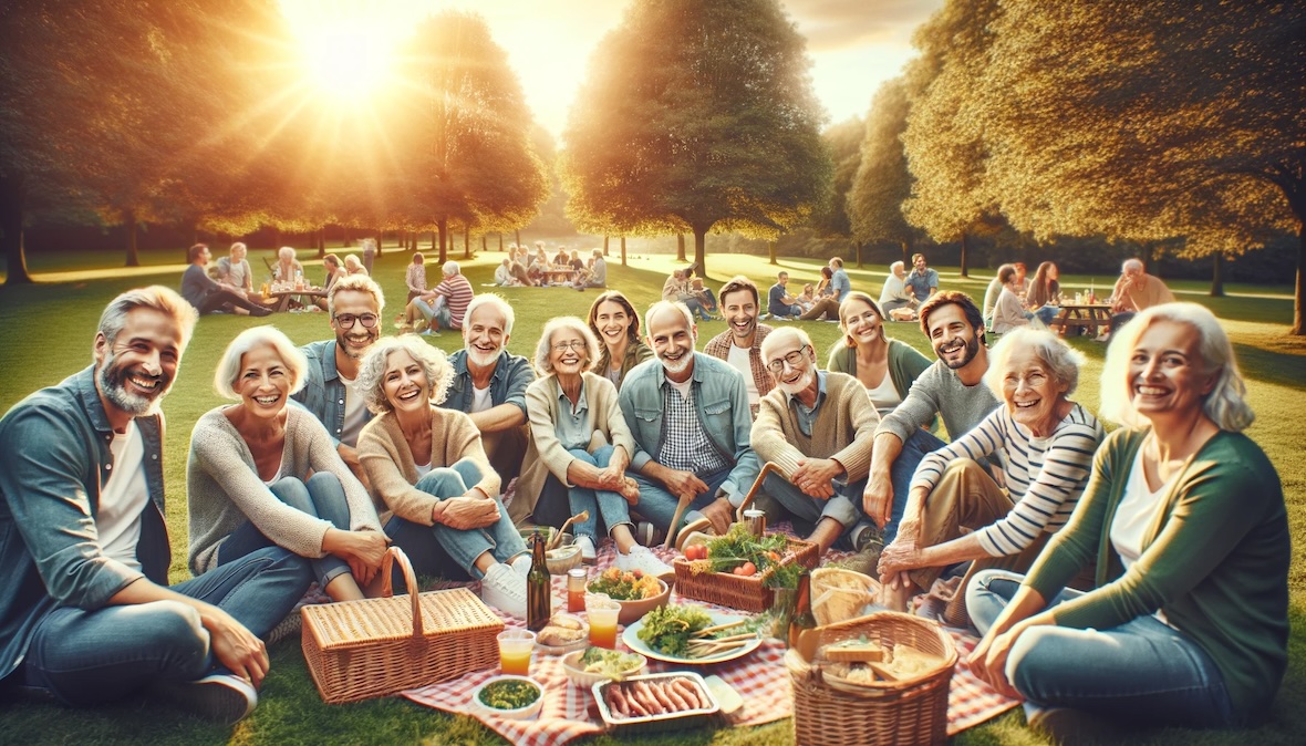 Eine Gruppe fröhlicher Menschen genießt ein gemeinsames Picknick in einem sonnigen Park, verkörpert Gemeinschaft und Freude.