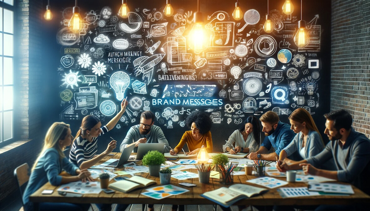 Ein vielfältiges Team von Marketingexperten beim Brainstorming an einem Tisch voller Marketingmaterialien, das Leidenschaft und Engagement bei der Erstellung authentischer Markenbotschaften zeigt. Die Atmosphäre ist dynamisch und von kreativer Energie erfüllt.