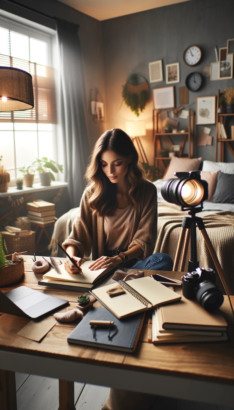 Ein lebendiges, hochauflösendes Bild, das einen Blogger zeigt, der in einem gemütlichen, stilvoll eingerichteten Raum an seinem Laptop arbeitet, umgeben von Notizbüchern und einer inspirierenden Umgebung.
