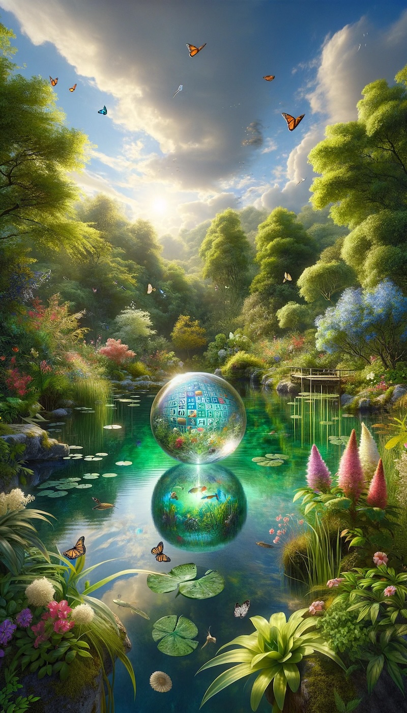 Ein ruhiger Teich umgeben von üppiger Vegetation und blühenden Blumen mit einem übergroßen, transparenten Bingo-Ball im Zentrum, der ein harmonisches Zusammenspiel von Spiel und Naturschutz symbolisiert.