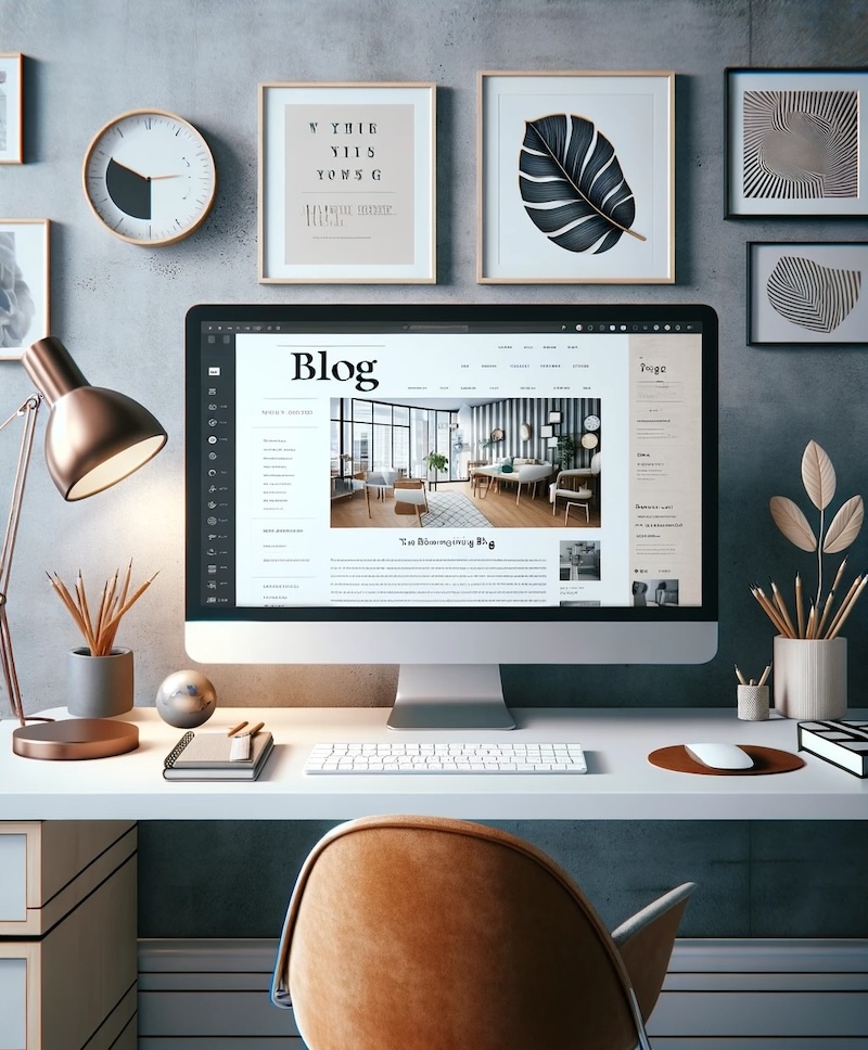 Ein modernes Blog-Layout auf einem Desktop-Computerbildschirm in einem minimalistischen, kreativen Büro.
