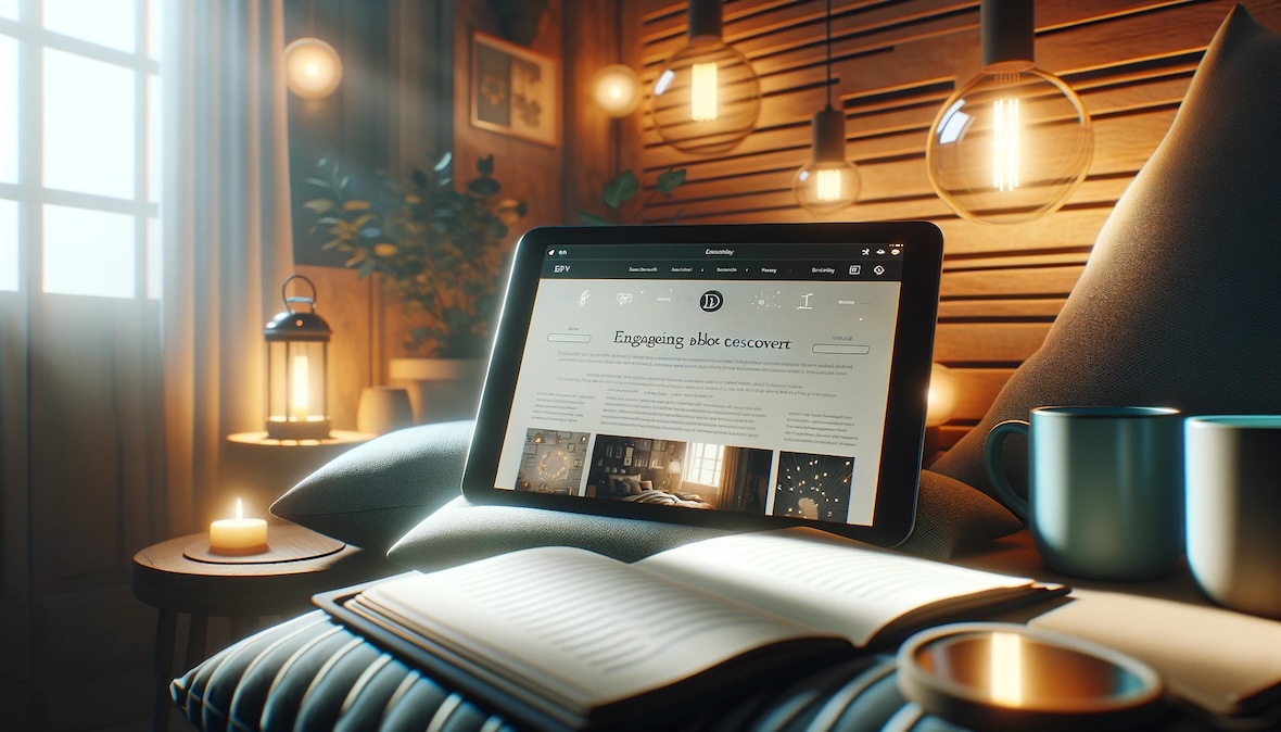 Eine gemütliche Leseecke mit einem digitalen Tablet, das eine wunderschön gestaltete Blogseite anzeigt, umgeben von einer entspannten Atmosphäre mit weichem Licht und einer Tasse Kaffee.