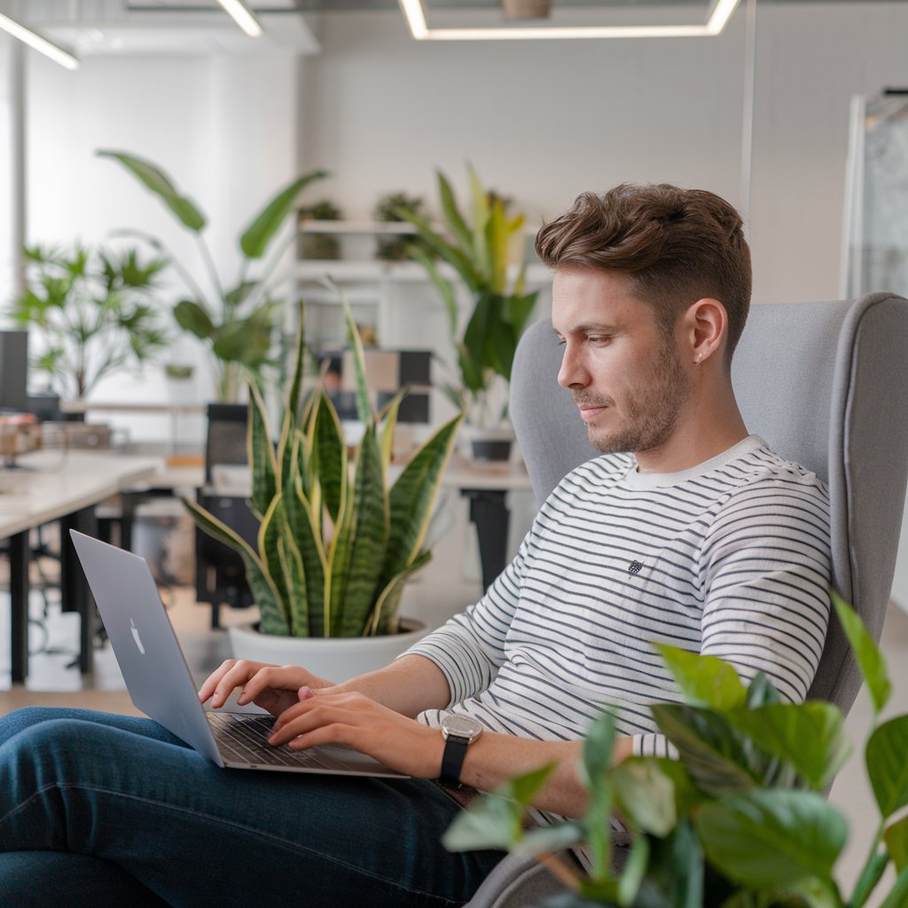 Blogger arbeitet an einem Laptop in einem modernen Büro mit Pflanzen im Hintergrund. Blogger arbeitet an einem Laptop in einem modernen Büro mit Pflanzen im Hintergrund.