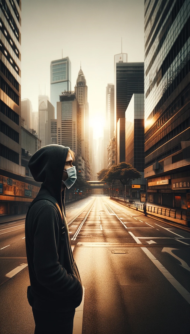 Eine nachdenkliche Person steht in einer verlassenen Stadtstraße, trägt eine Maske und blickt auf den leeren Raum um sich herum, was die Auswirkungen der Pandemie auf das städtische Leben einfängt.