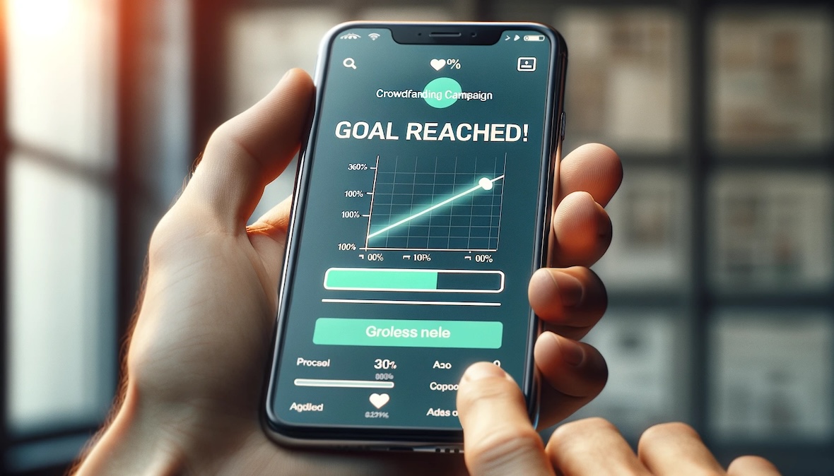 Ein Smartphone in der Hand zeigt eine erfolgreiche Crowdfunding-Kampagne mit der Nachricht "Ziel erreicht!" auf dem Bildschirm.
