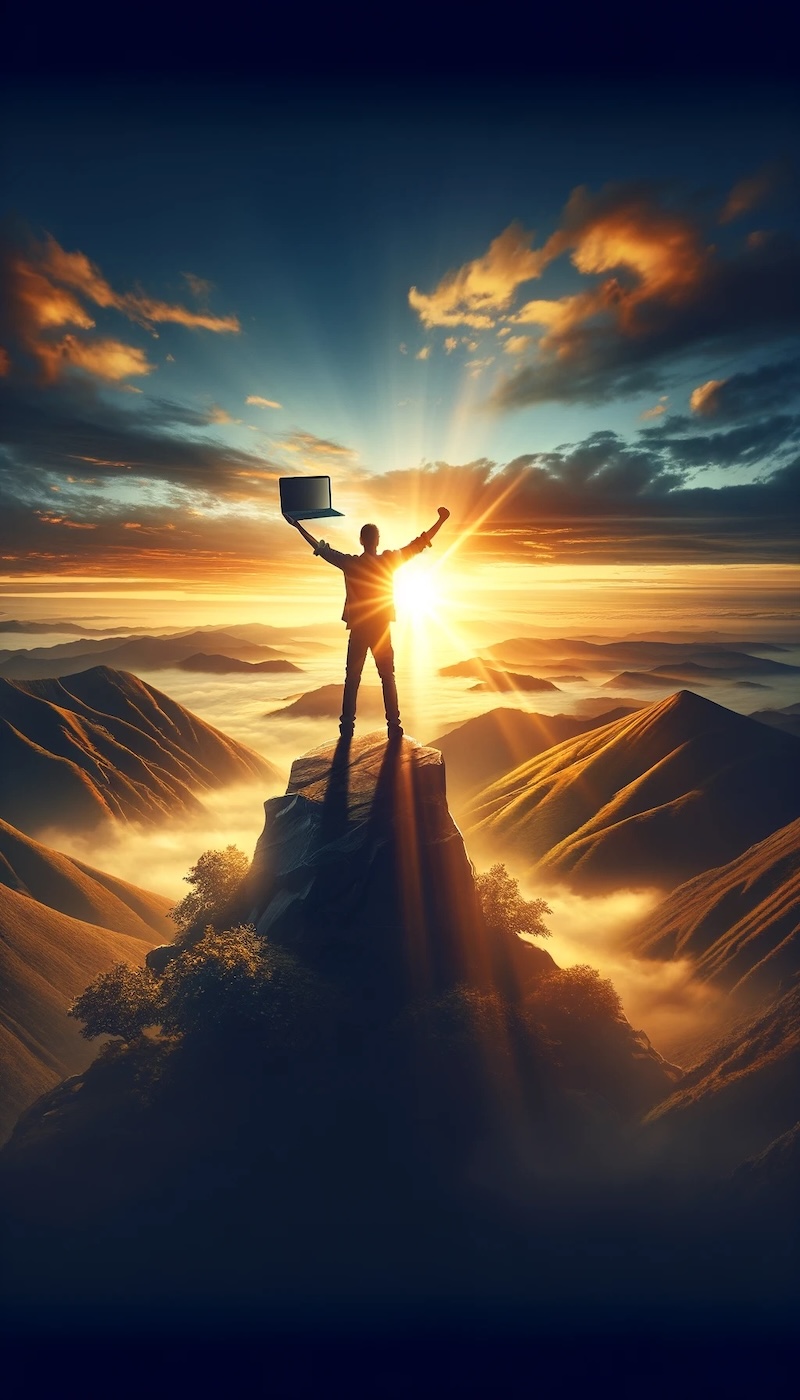 Eine Person steht triumphierend auf einem Hügel bei Sonnenaufgang, Laptop in der Hand, und blickt auf eine weite Landschaft – ein Symbol für den Erfolg im Blogging.