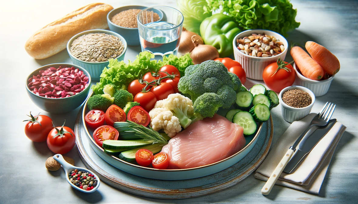 Eine Darstellung einer ausgewogenen Mahlzeit auf einem Tisch. Die Mahlzeit besteht aus einer Quelle von magerem Protein, viel frischem Gemüse und Vollkornprodukten. Dieses Bild veranschaulicht die Bedeutung einer gesunden, ausgewogenen Ernährung für die Fettreduktion.