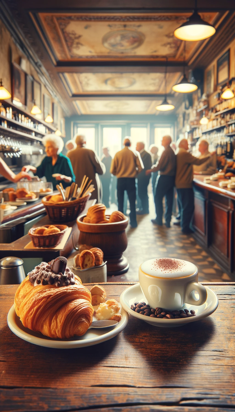 Eine typisch italienische Frühstücksszene in einem Café. Im Vordergrund steht ein dampfender Cappuccino neben einem frischen Cornetto, gefüllt mit Schokolade. Im Hintergrund ist eine lebhafte Szene mit Menschen zu sehen, die an der Bar stehen und ihren Morgenkaffee genießen, typisch für das soziale Ambiente eines italienischen Cafés am Morgen.
