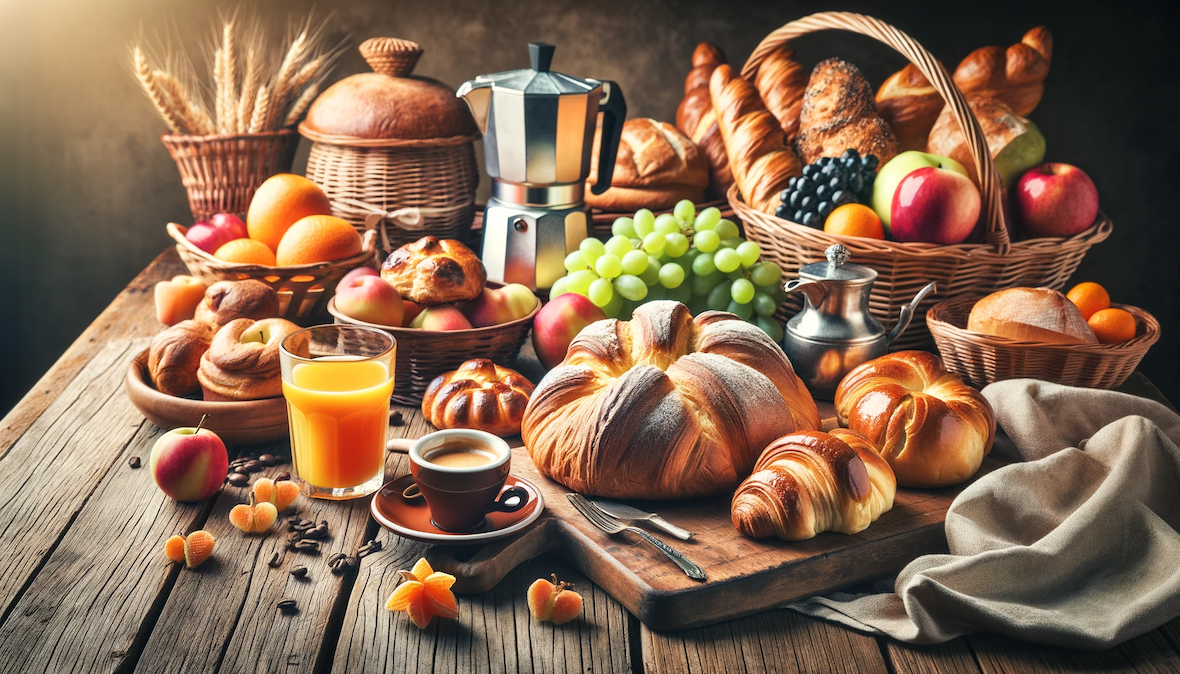 Ein rustikaler Holztisch, bedeckt mit einer Auswahl an typischen italienischen Frühstücksprodukten. Zu sehen sind verschiedene Arten von Brioche, ein Korb mit frischem Obst, ein Glas Orangensaft und eine Espressokanne. Das Bild vermittelt die Vielfalt und Frische, die für ein italienisches Frühstück charakteristisch sind.