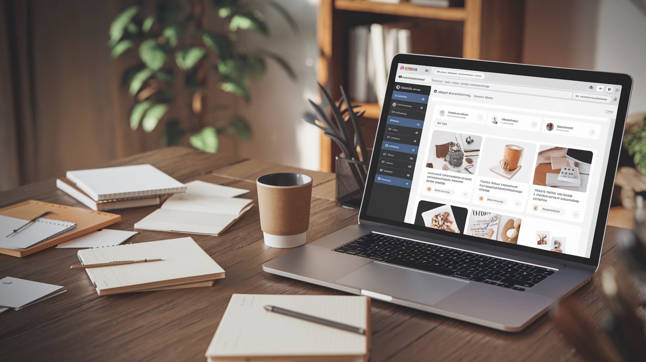 Kreativer Arbeitsplatz mit Laptop, Notizbüchern und einer Kaffeetasse. Kreativer Arbeitsplatz mit Laptop, Notizbüchern und einer Kaffeetasse.