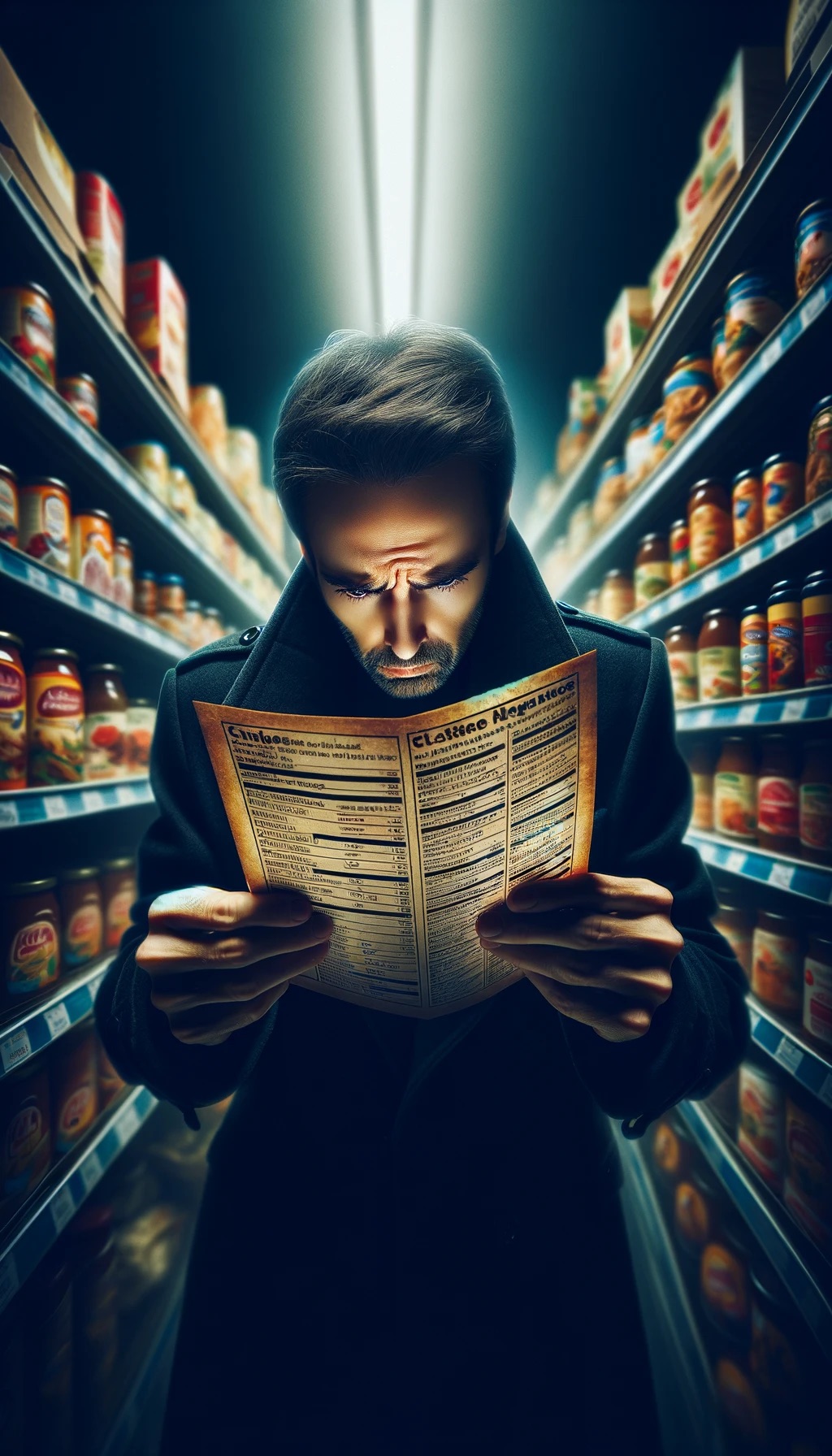 Eine Person liest sorgfältig Lebensmitteletiketten in einem Supermarkt, umgeben von einem Ausdruck von Sorge und Vorsicht aufgrund von Lebensmittelallergien.