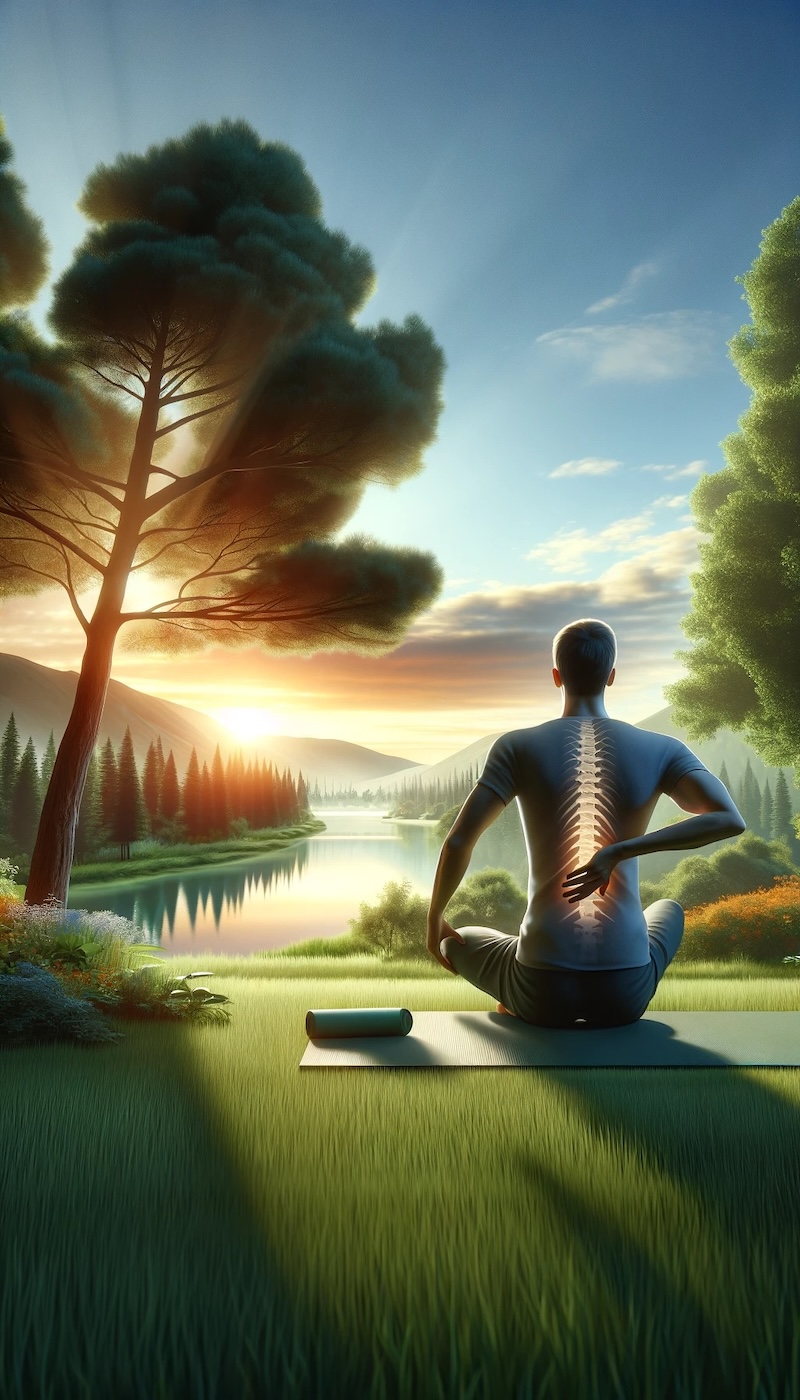 Eine Person praktiziert Yoga in einer friedlichen, natürlichen Umgebung, was Stressabbau und Rückenstärkung zur Vorbeugung von Wirbelsäulenproblemen symbolisiert.