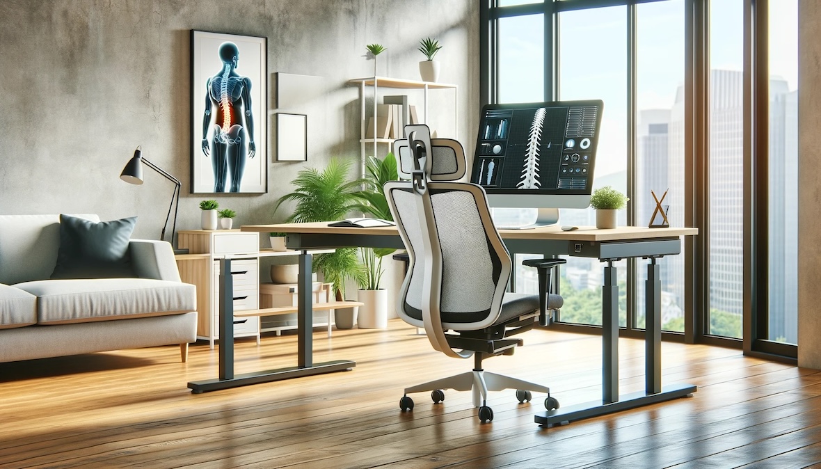 Ein Büro mit ergonomischen Möbeln, das die Bedeutung eines ergonomisch gestalteten Arbeitsplatzes für die Erhaltung der Wirbelsäulengesundheit und zur Vorbeugung von Bandscheibenvorfällen hervorhebt.