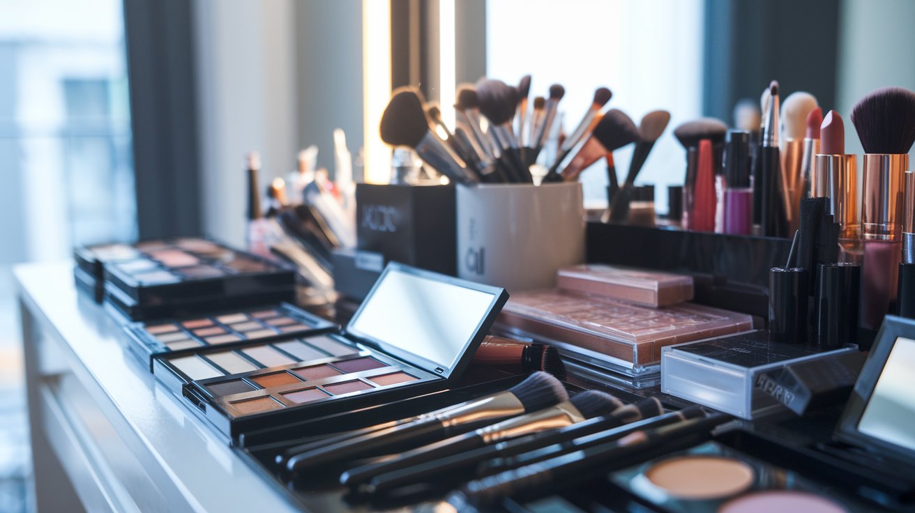 Schminktisch mit Make-up-Produkten wie Pinsel, Lippenstifte und Lidschattenpaletten, perfekt arrangiert für kreative Looks. Schminktisch mit Make-up-Produkten wie Pinsel, Lippenstifte und Lidschattenpaletten, perfekt arrangiert für kreative Looks.