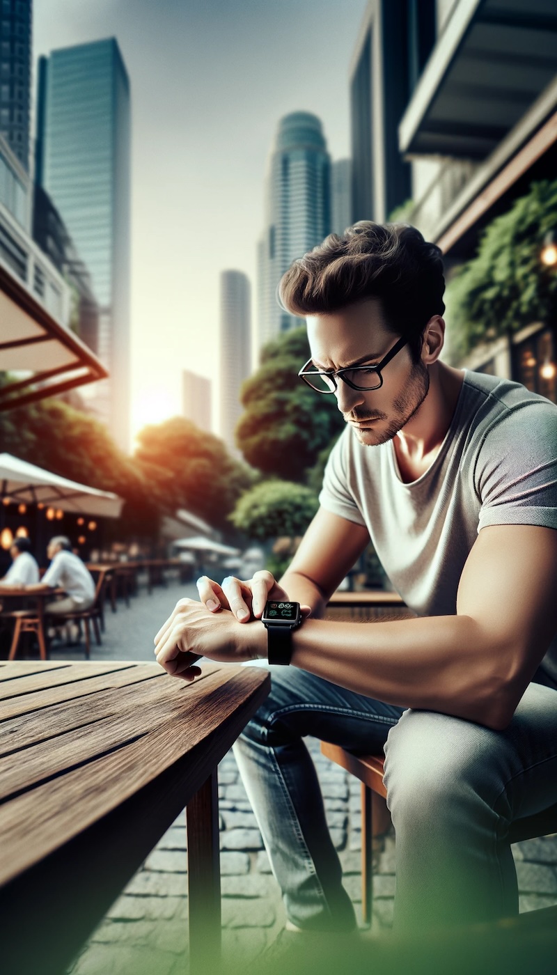 Eine Person sitzt auf der Terrasse eines Cafés und ist vertieft in das Überprüfen ihrer Smartwatch, was einen Moment der stillen Reflexion im städtischen Leben einfängt.