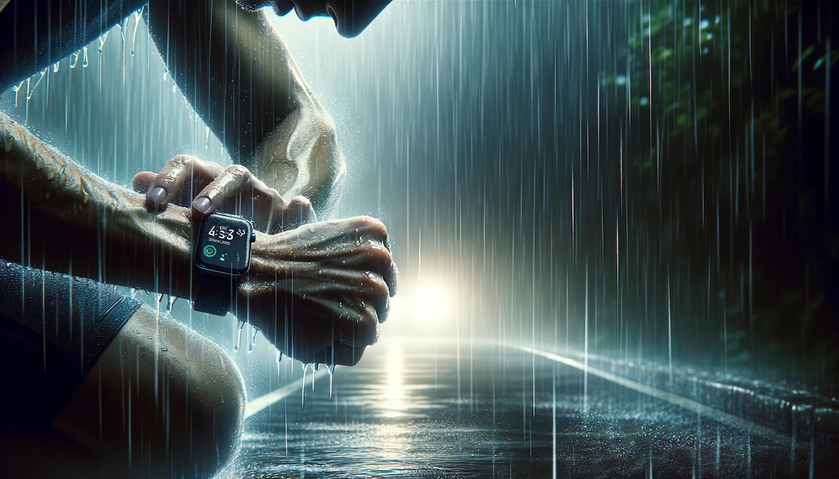 Eine Person läuft nachts im Regen und schaut auf ihre Smartwatch, was die Verschmelzung von Technologie, Fitness und Durchhaltevermögen hervorhebt.
