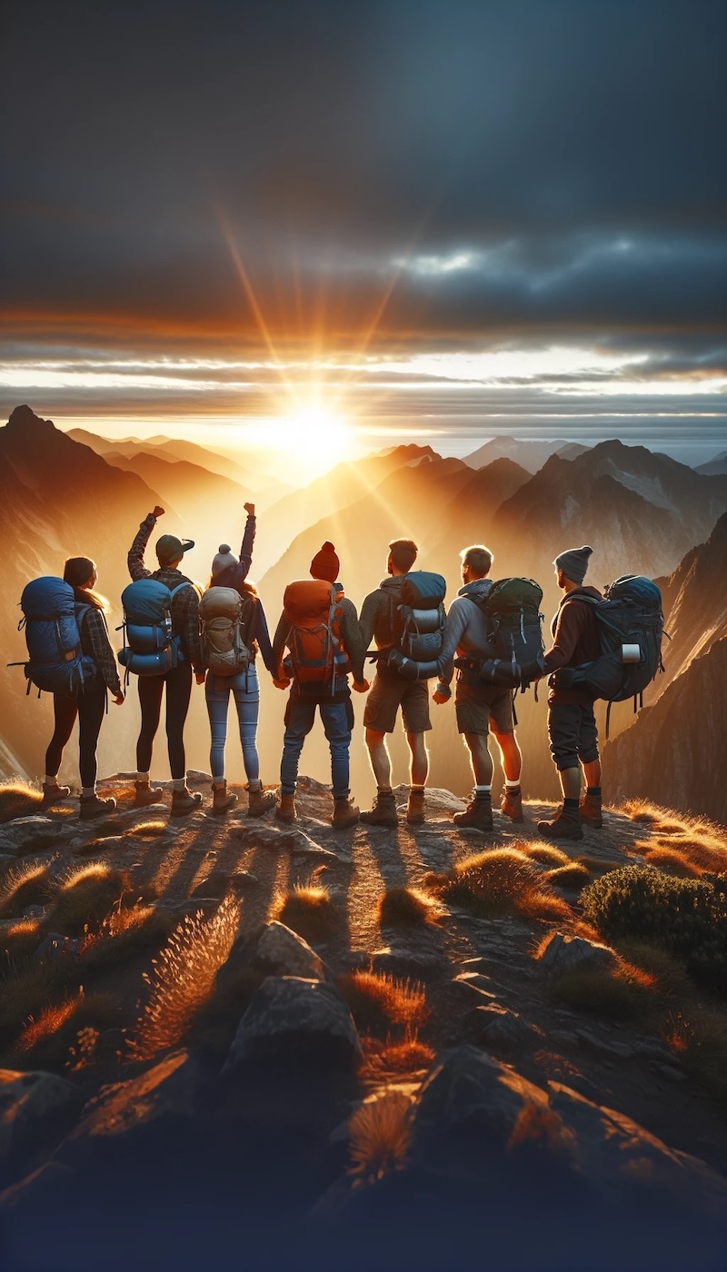 Eine Gruppe von Personen unterschiedlichen Alters steht in Wanderkleidung zusammen auf einem Berggipfel bei Sonnenaufgang, ein Moment des Triumphs und der Verbindung mit der Natur.