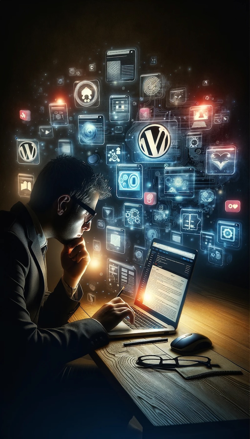 Eine Person vertieft sich in die Anpassung einer WordPress-Website auf einem Laptop, umgeben von digitalen Icons für Plugins, Themes und SEO-Tools, in einem schwach beleuchteten Raum, der die Konzentration und Intensität der Aufgabe hervorhebt.