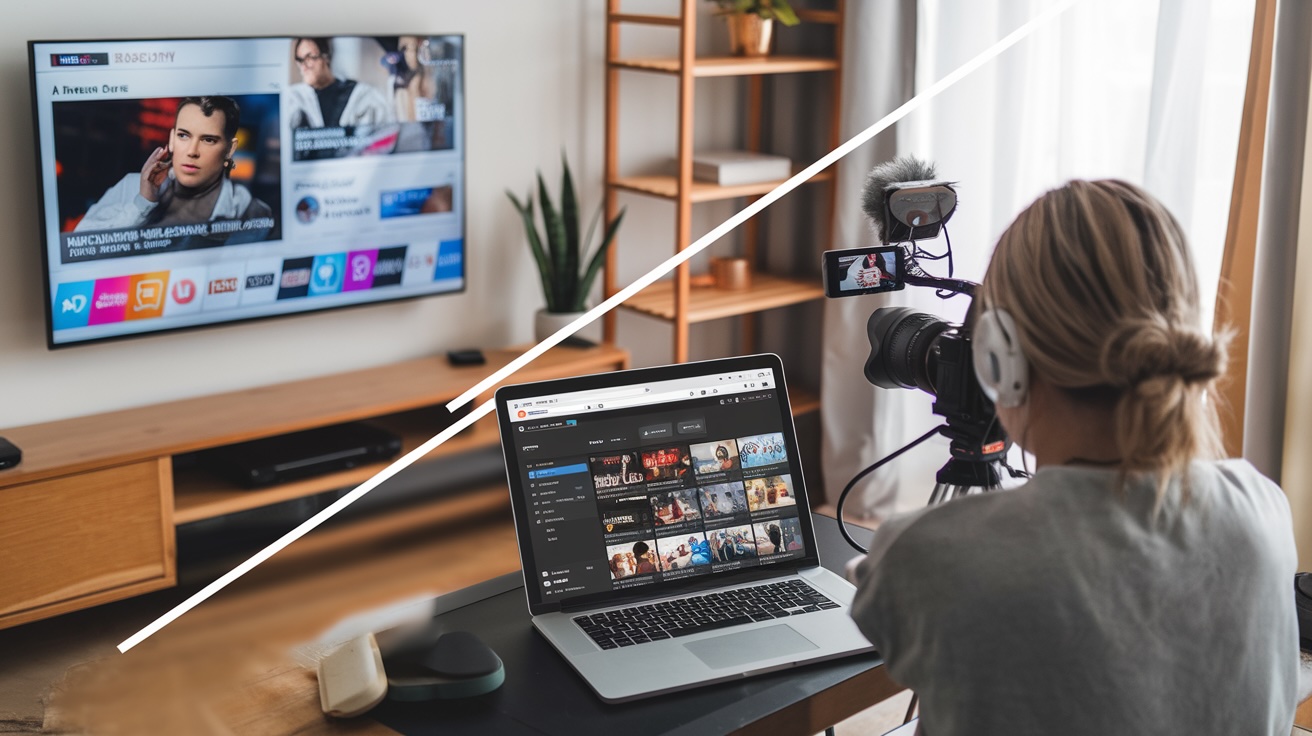 Ein Blogger-Arbeitsplatz mit einem Laptop, auf dem YouTube läuft, und einem Fernseher im Hintergrund, der Nachrichten zeigt.